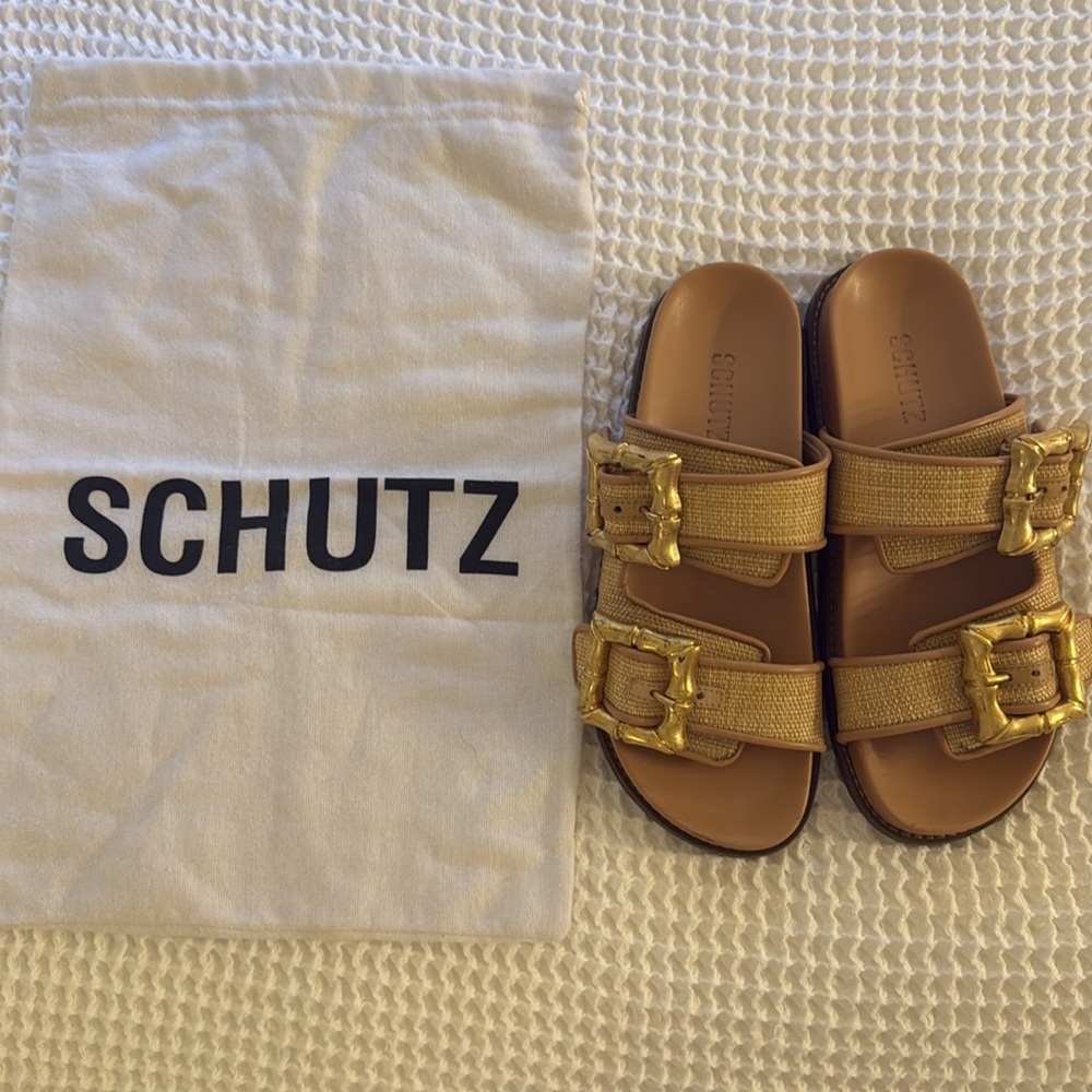 SCHUTZ  Enola Slides (color is Lt. Wood) Tan Sandals with Gold Accents